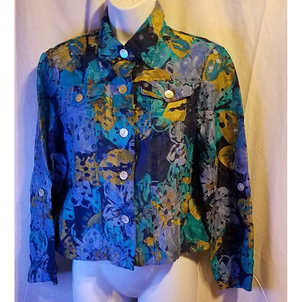 Ruby Rd Road‎  Women's Long Sleeve Blue Print Shirt Button Up sheer Size 6P VTG